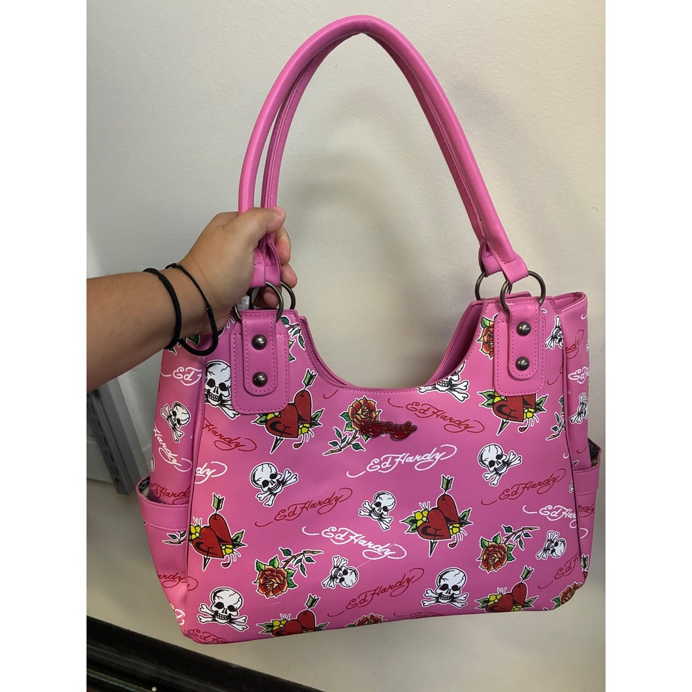Ed Hardy Shoulder Bag Large Pink Tattoo Print Skull Rose Y2K 90s Tote
